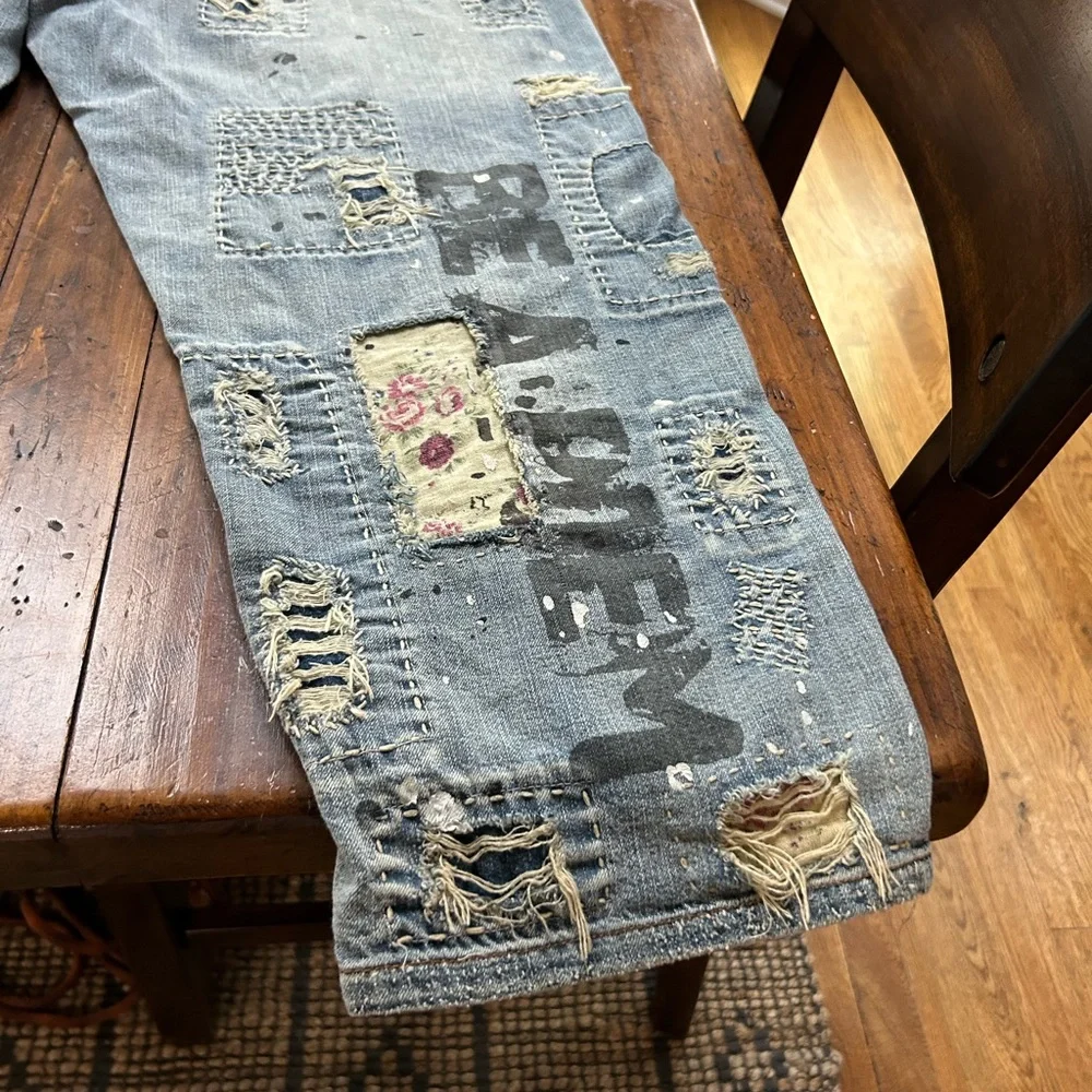 Magnolia Pearl Distressed Blue Jeans with Patchwork - Picture 1 of 6